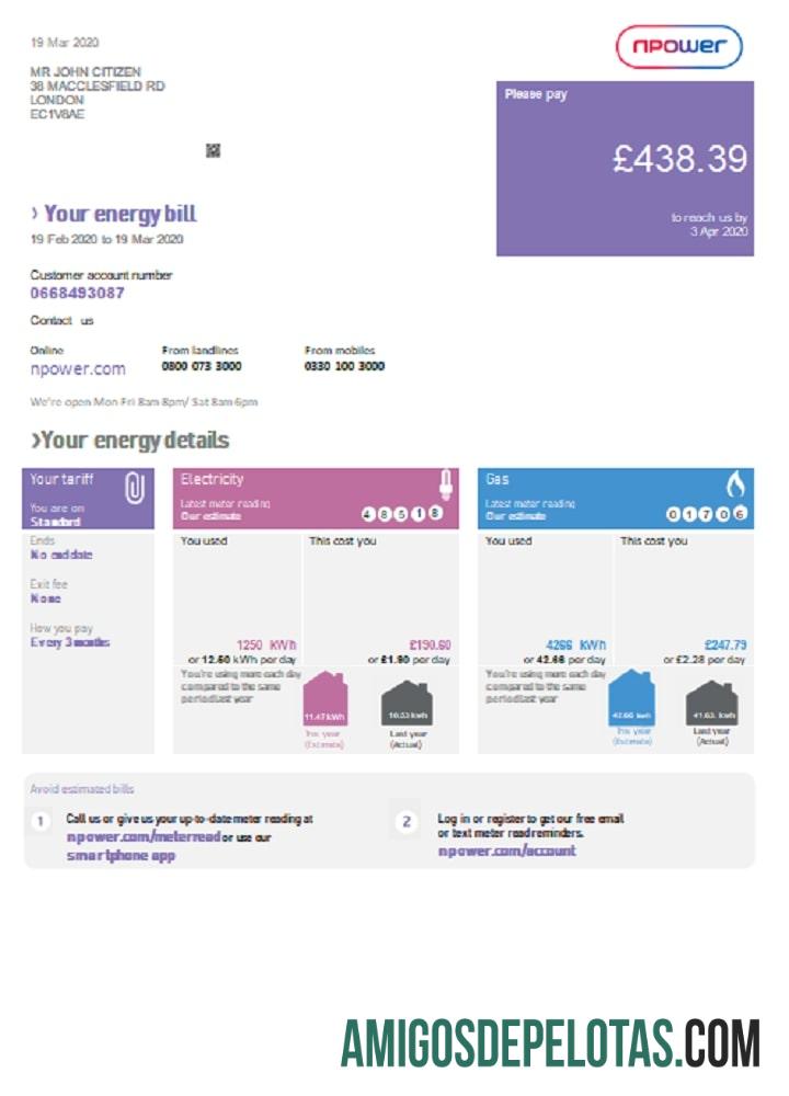 realista Modelo de conta de serviços públicos Npower do Reino Unido em formato Word e PDF